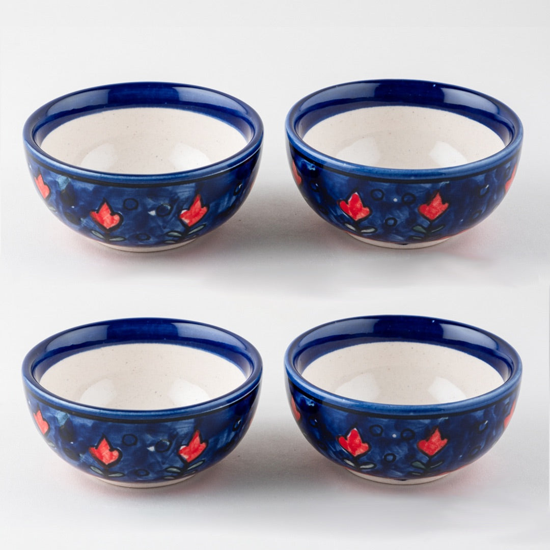 Blooming Plants Red & Blue Ceramic Katori Bowl / Portion Bowl