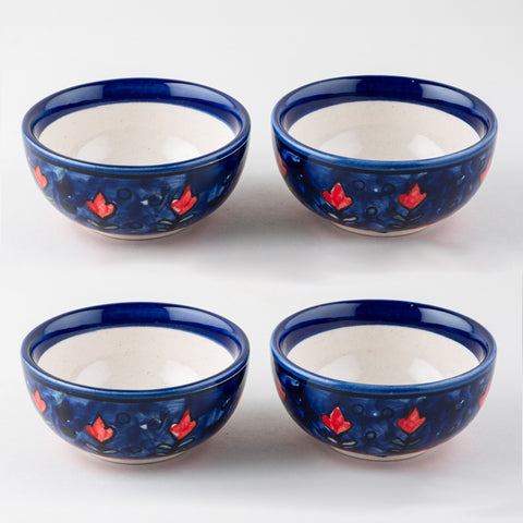 Blooming Plants Red & Blue Ceramic Katori Bowl / Portion Bowl