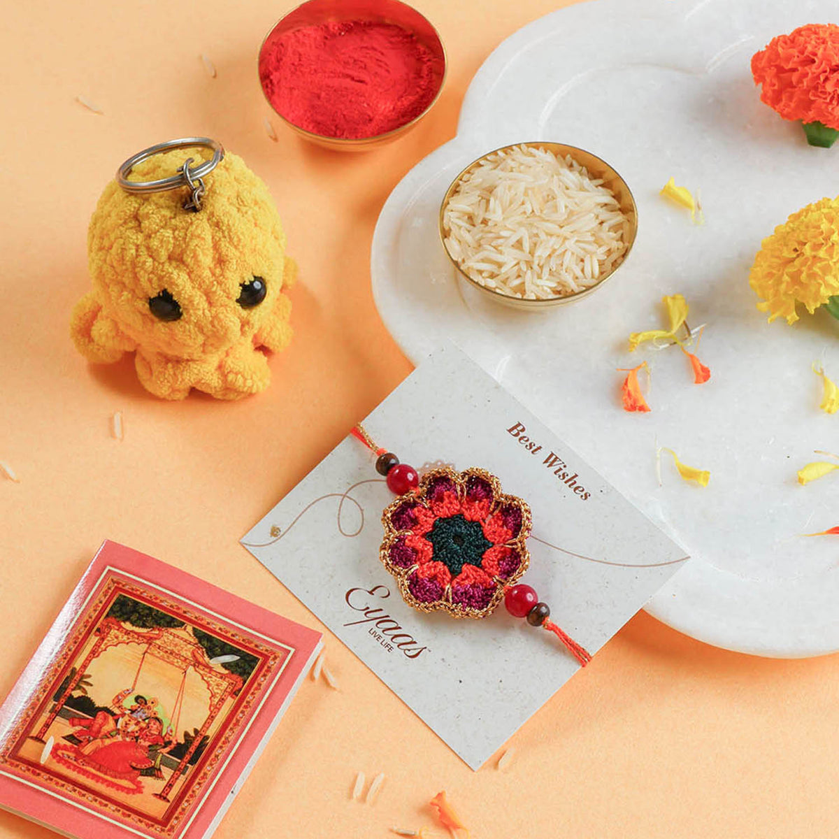 1 Crochet Rakhi, Crochet Toy & Roli Tika Gift Set, Sunflower
