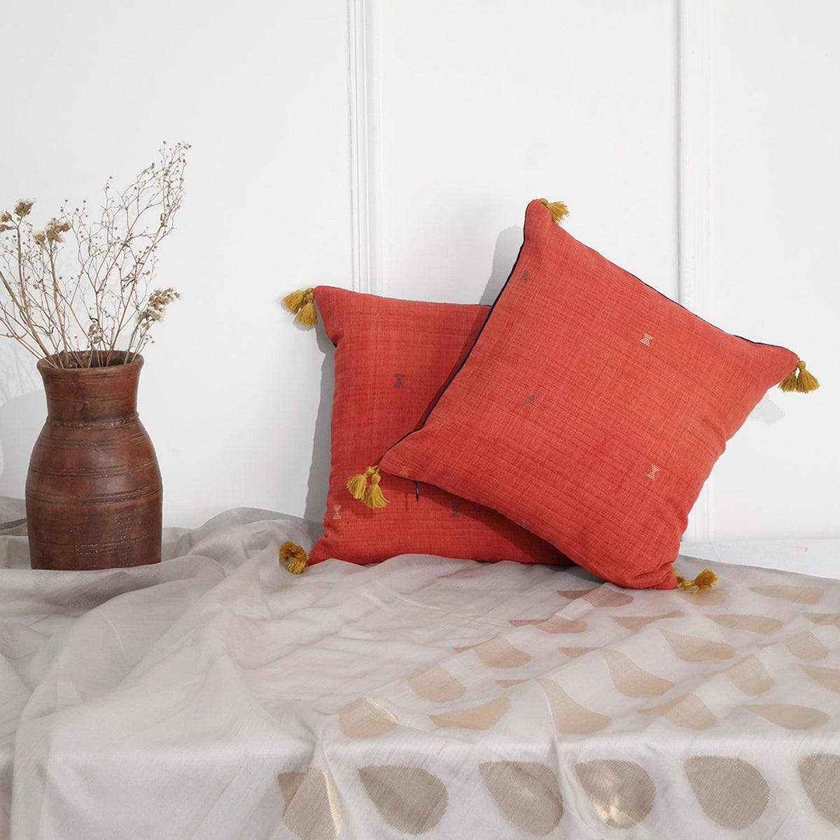 Red Handwoven Cotton Cushion Covers 12x12, Set of 2 - Eyaas