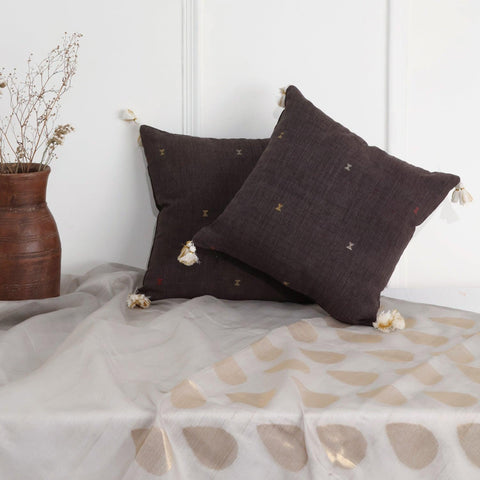 Charcoal Black Handwoven Cotton Cushion Cover Pair - Eyaas