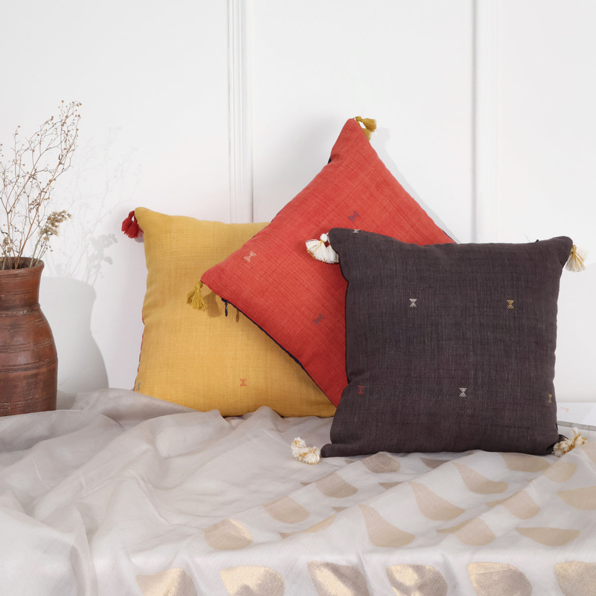 Handwoven Cotton Cushion Covers 12x12 - Set of 3