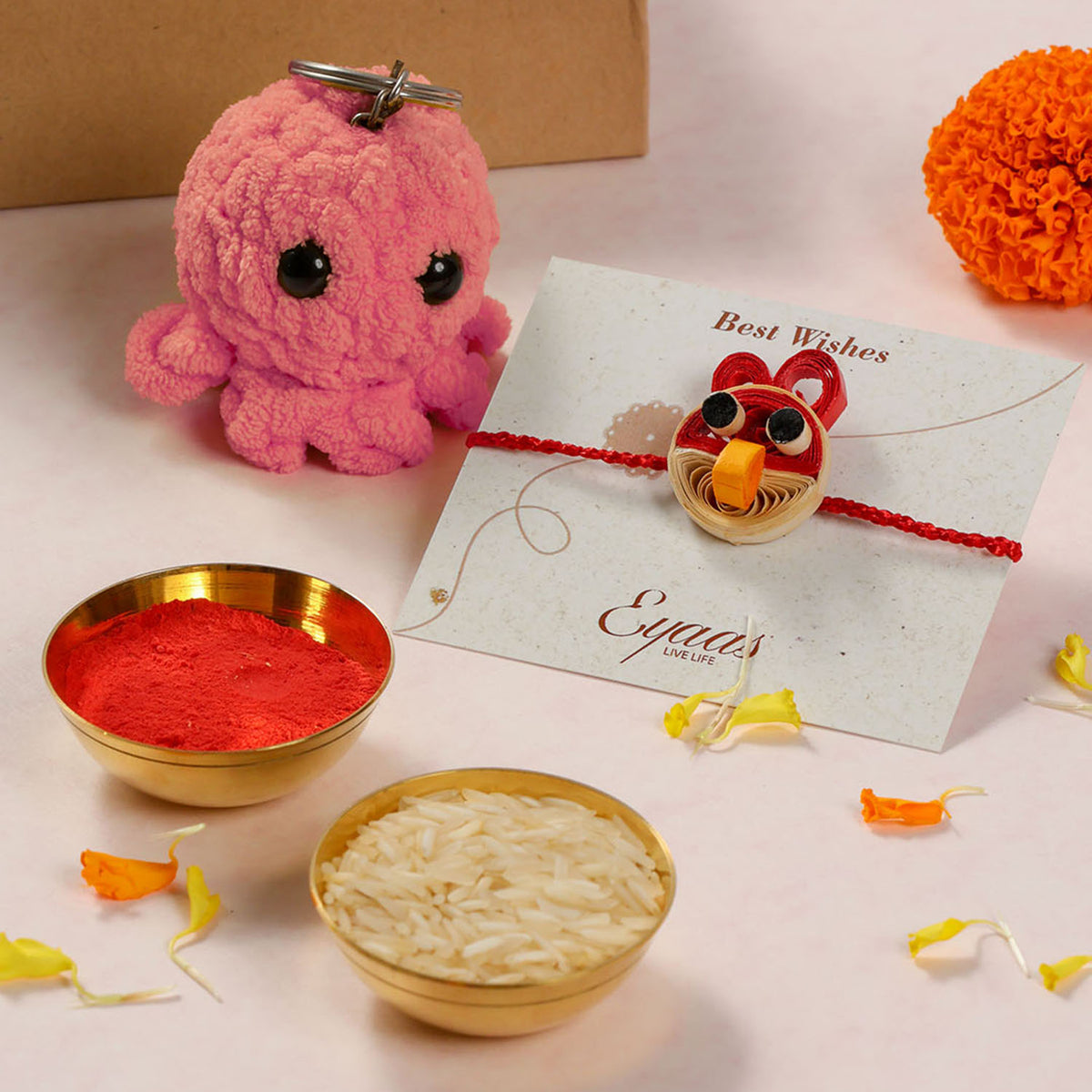 1 Quilled Rakhi, Crochet Toy & Roli Tika Gift Set, Bird