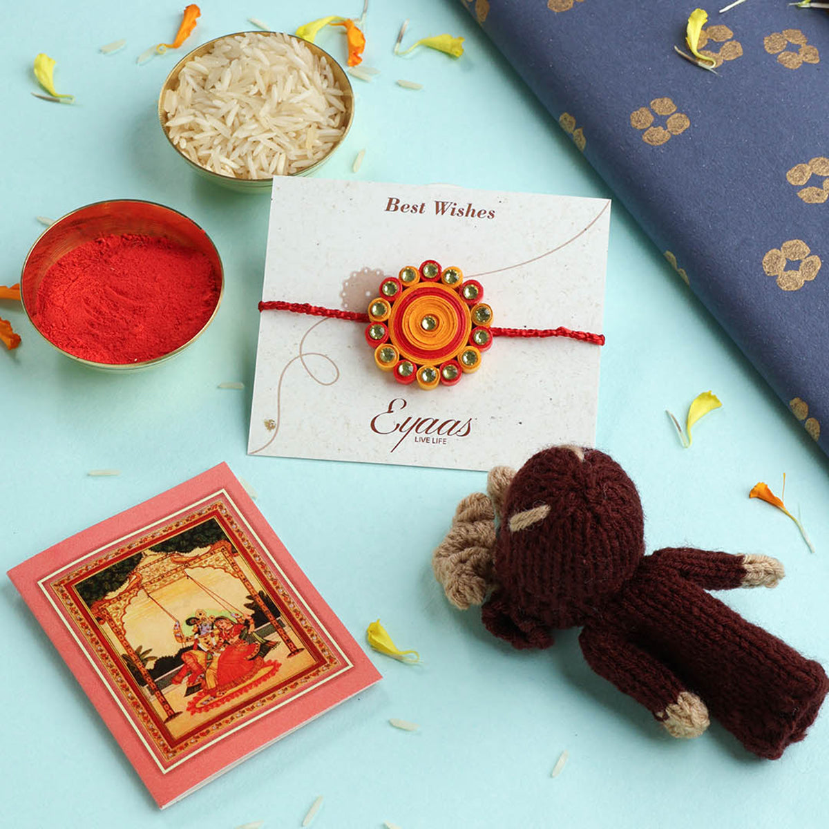 1 Quilled Rakhi, Crochet Toy & Roli Tika Gift Set, Flower