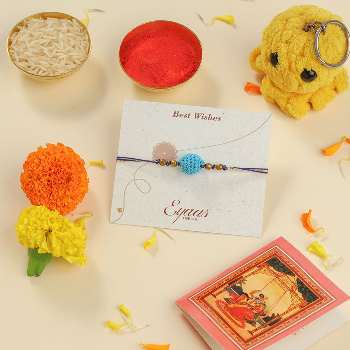 1 Crochet Ball Rakhi, Crochet Toy & Roli Tika Gift Set