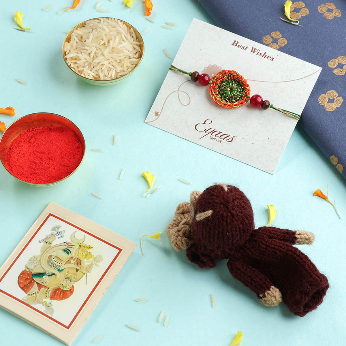 1 Crochet Rakhi, Crochet Toy & Roli Tika Gift Set, Flower