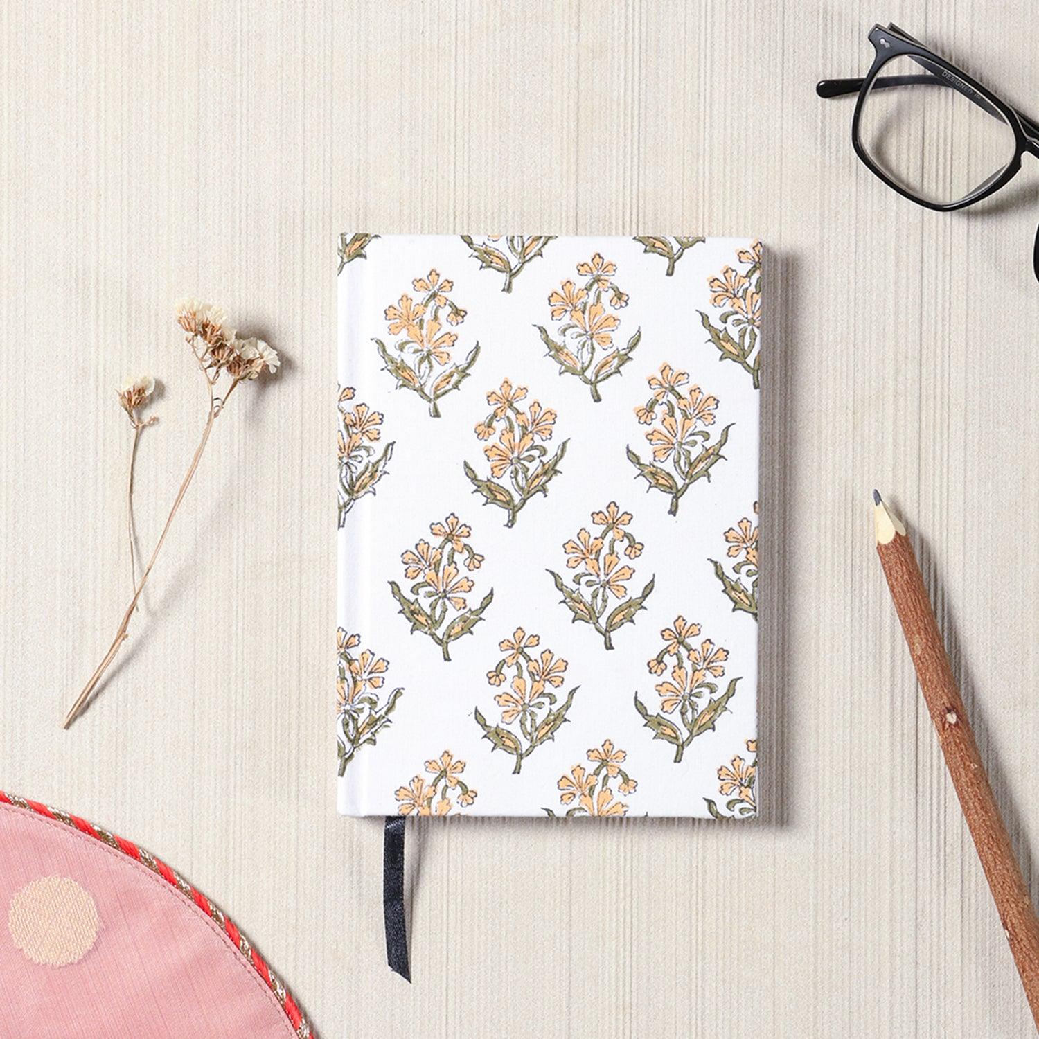 Block Printed Handmade Diary, White - Eyaas