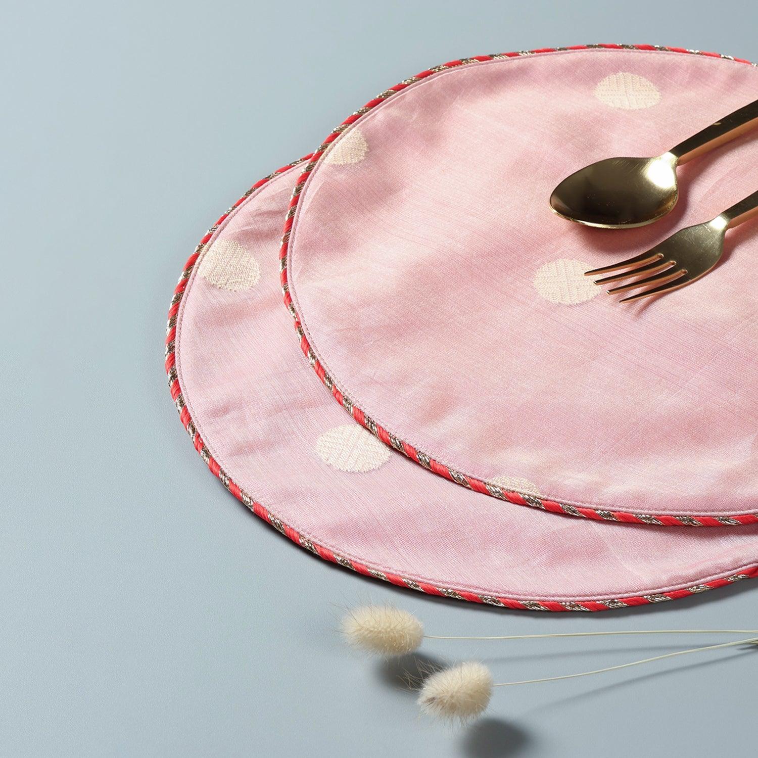 Chanderi Handwoven Mat Set of 2 - Round (Pink) - Eyaas