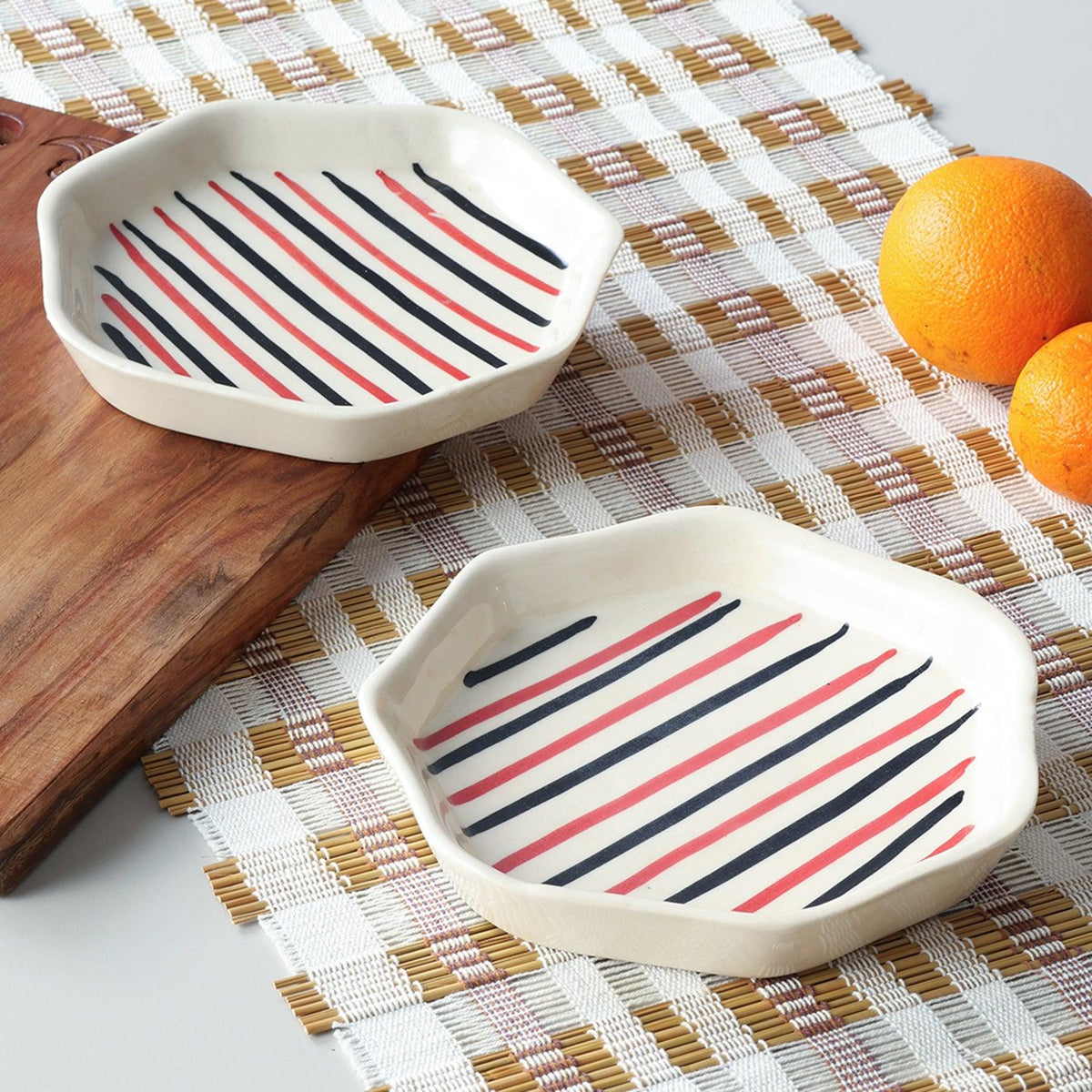 Hexagonal Hand-Painted Ceramic Snack Plates Set of 2 - Eyaas