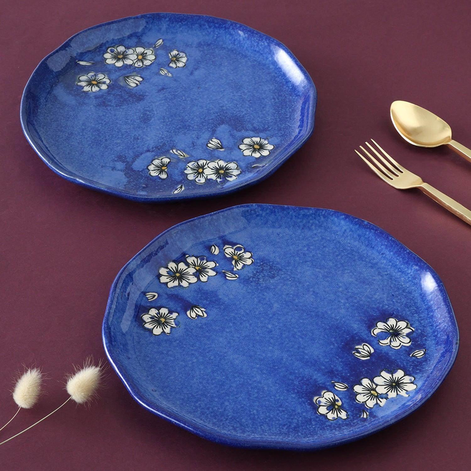 Hand-Painted Ceramic Glossy Dinner Plates Set of 2 (Blue) - Eyaas