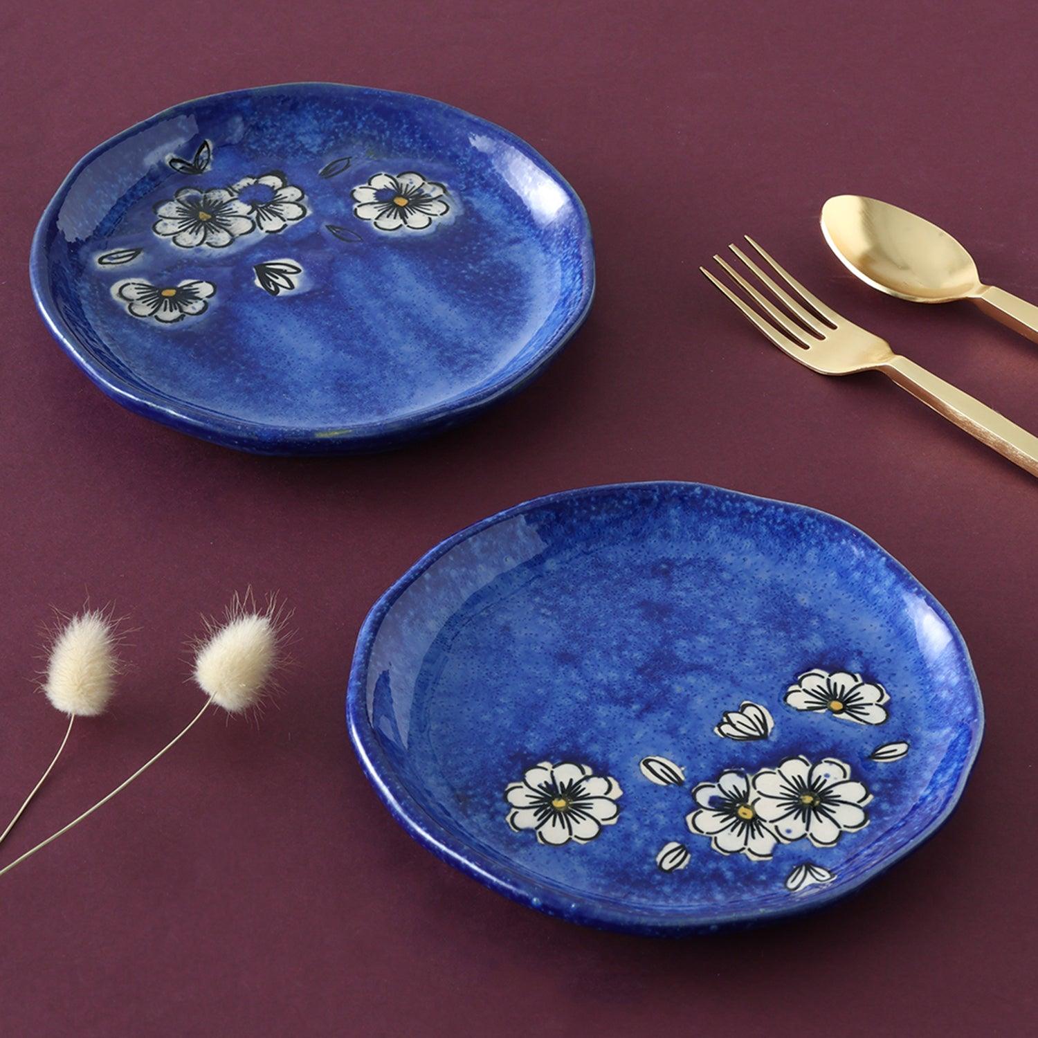 Hand-Painted Ceramic Quarter Plates Set of 2 (Blue) - Eyaas