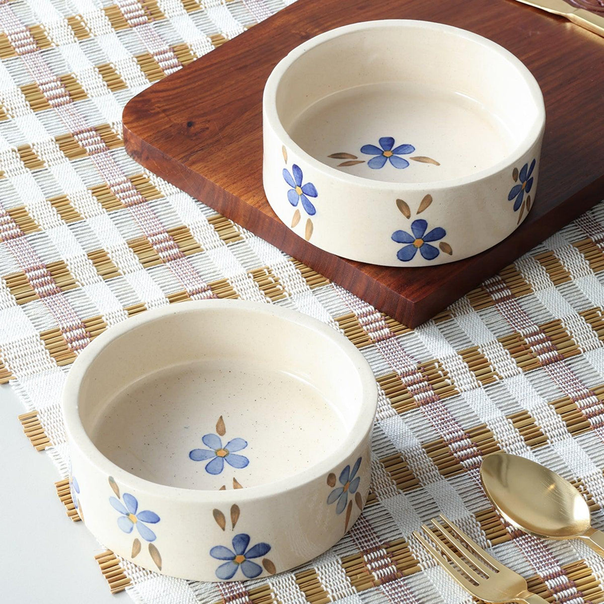 Floral Hand-Painted Ceramic Cereal Bowls Set of 2 (Off-White) - Eyaas