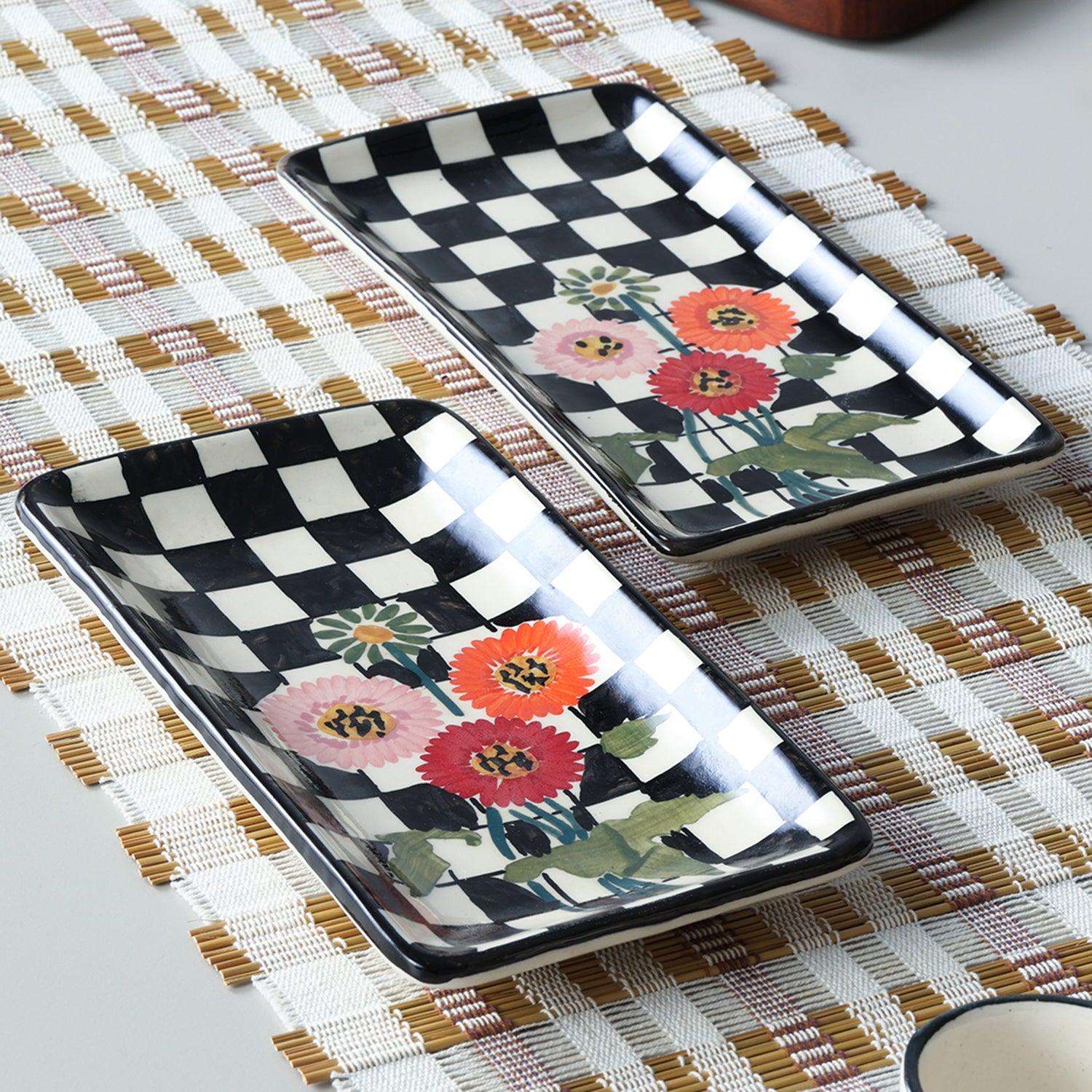 Checked Ceramic Food Platters Set of 2 - Black & White - Eyaas