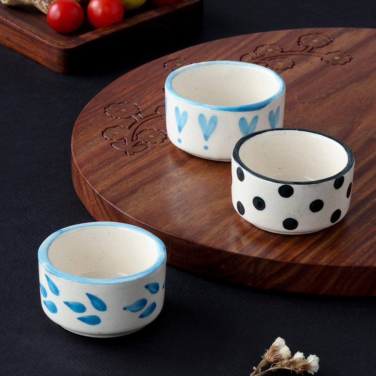 Round Ceramic Dip Bowls Set of 3 (White & Blue) - Eyaas