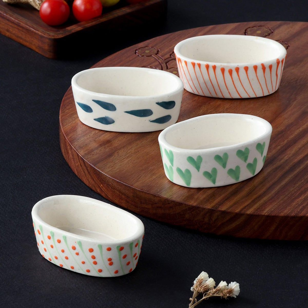 Hand-Painted Ceramic Oval Dip Bowls Set of 4 (Peach, & Blue) - Eyaas