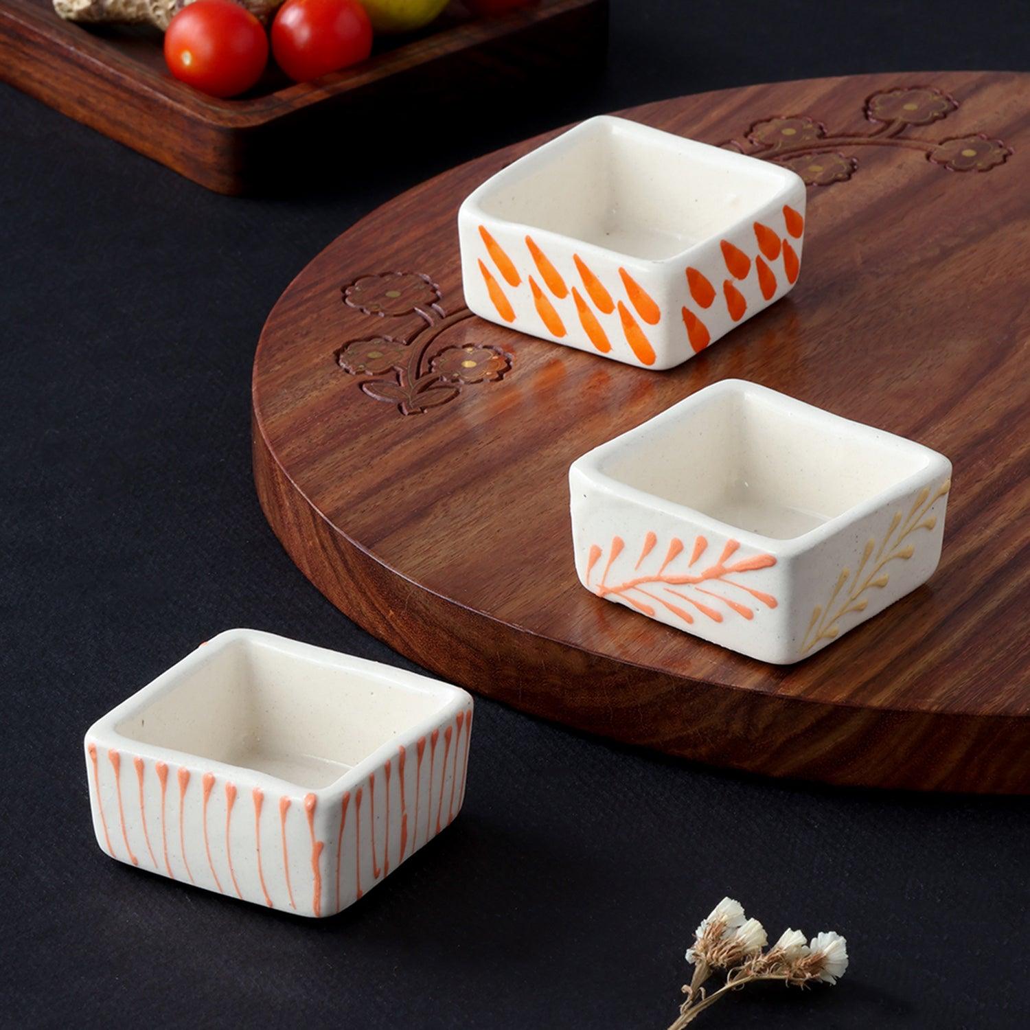 Square Ceramic Dip Bowls Set of 3 (White & Peach) - Eyaas