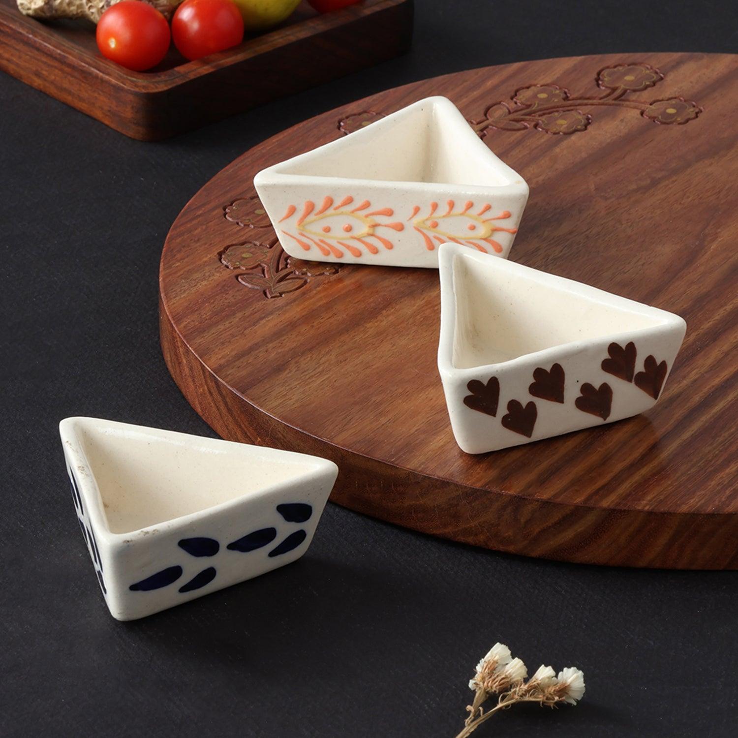 Triangle Ceramic Dip Bowls Set of 3 (Brown & Blue) - Eyaas