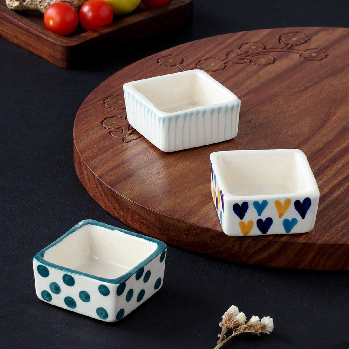 Square Ceramic Dip Bowls Set of 3 (Orange, & Blue) - Eyaas