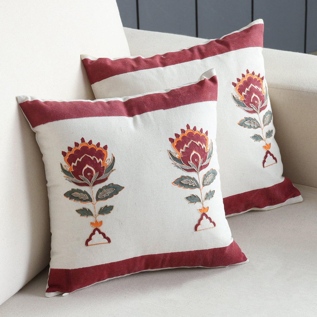 Block-Printed Hand Embroidered Floral Motif Cushion Cover - Set of 2 (Orange & Maroon) - Eyaas