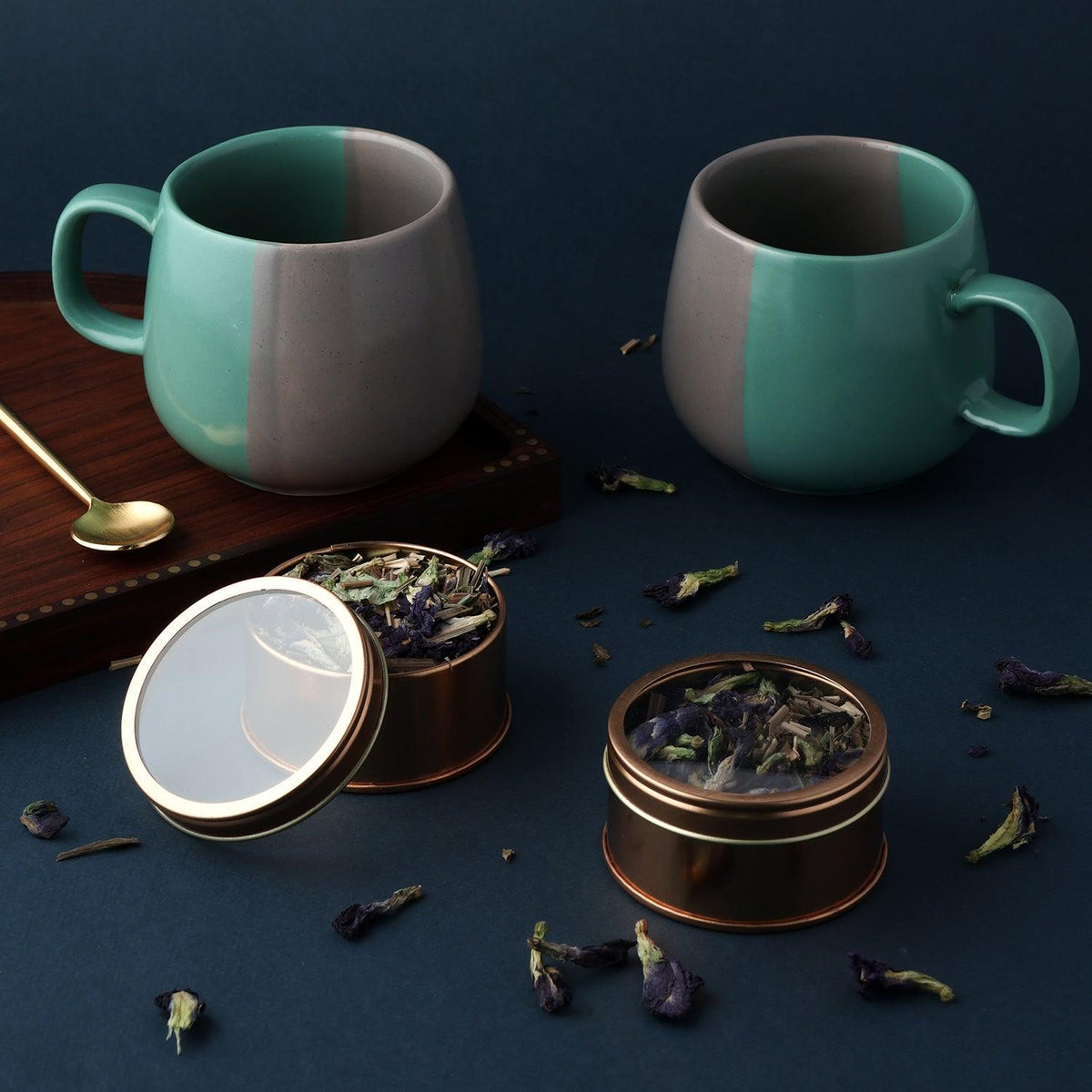 Ceramic Cups & Mystical Blue Herbal Tea (40 gms) Gift Set - Eyaas