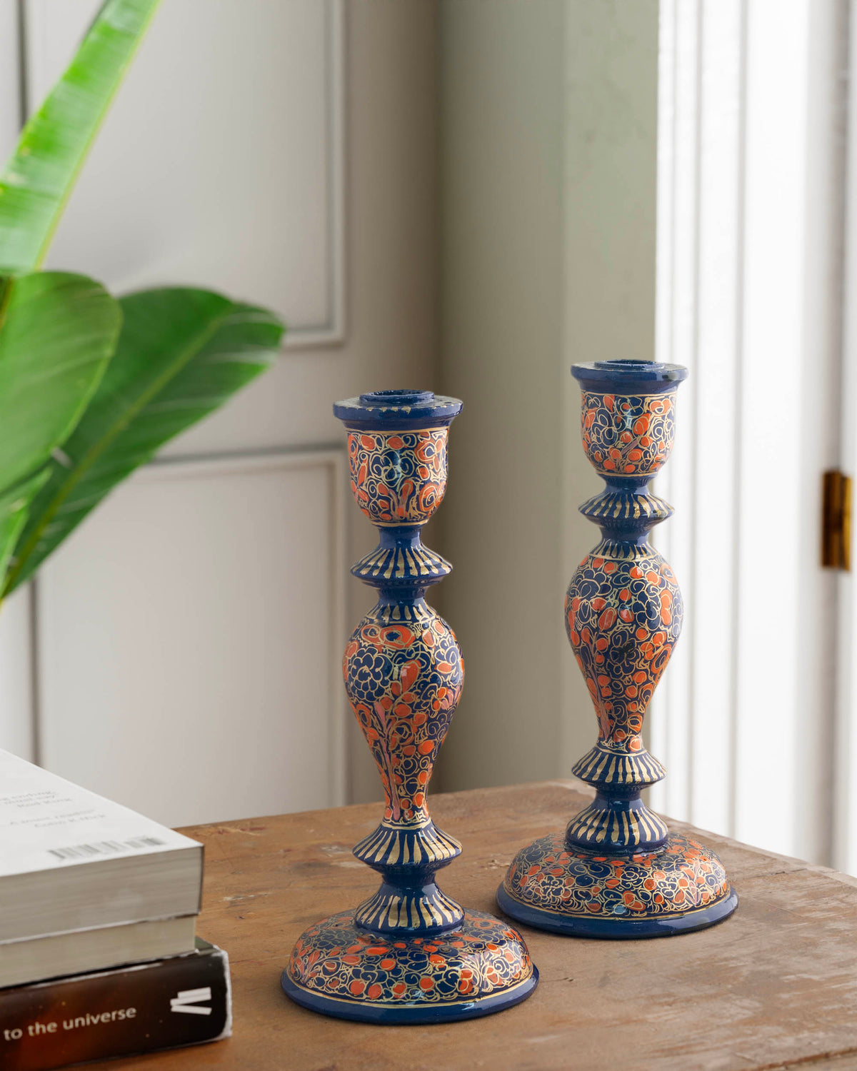 Hand Painted Papier Mache Candle Stands Orange, Blue - 9.5 x 4