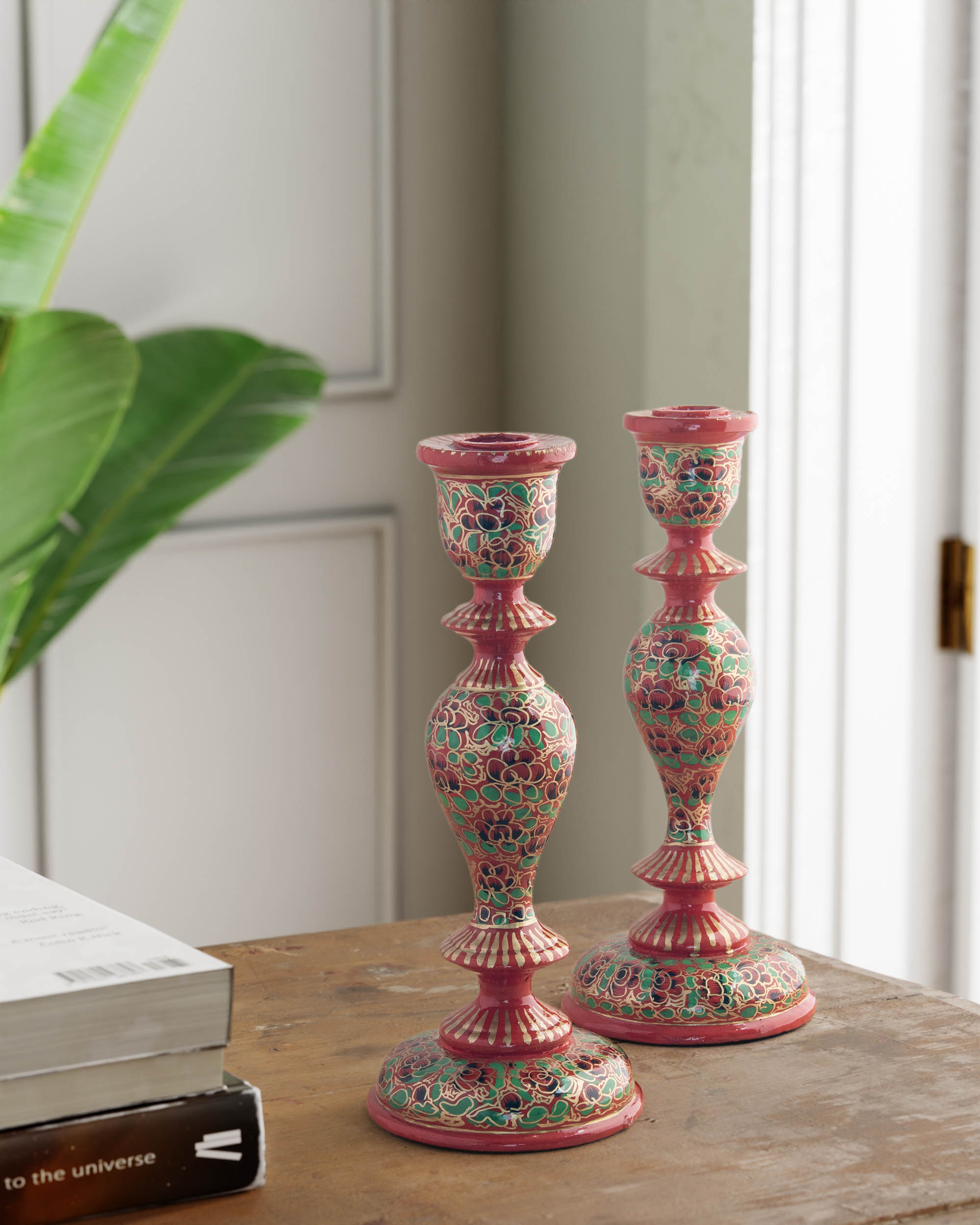 Hand Painted Papier Mache Candle Stands Red, Green - 9.5 x 4
