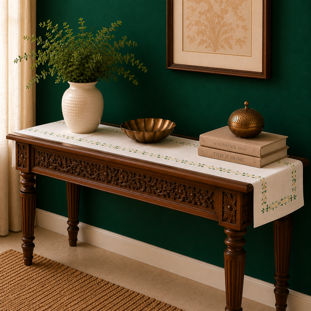 Embroidered Table Runner, White & Green