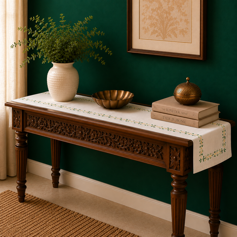 Embroidered Table Runner, White & Green