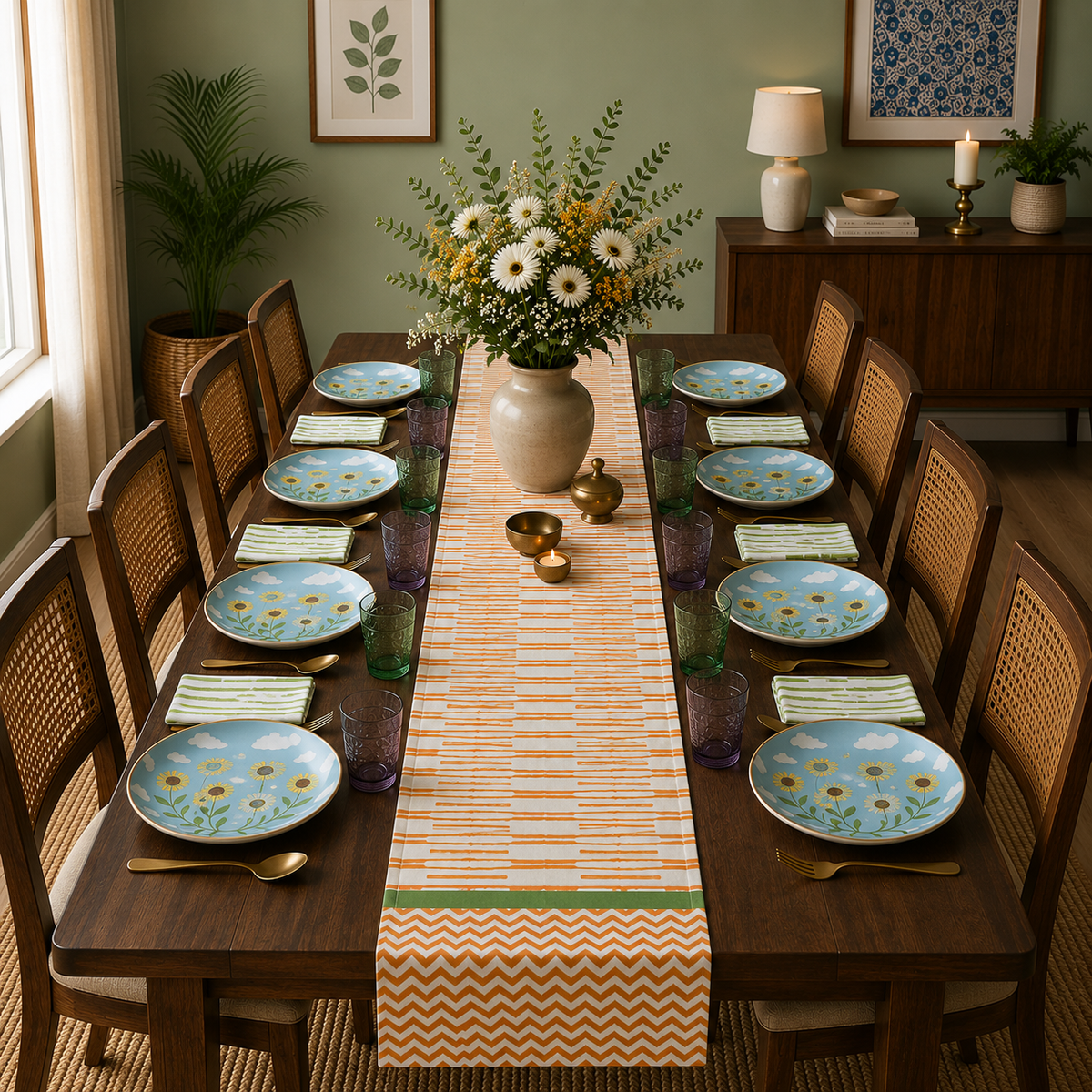 Orange Stripe Block Printed Table Runner (6 to 8 Seater)
