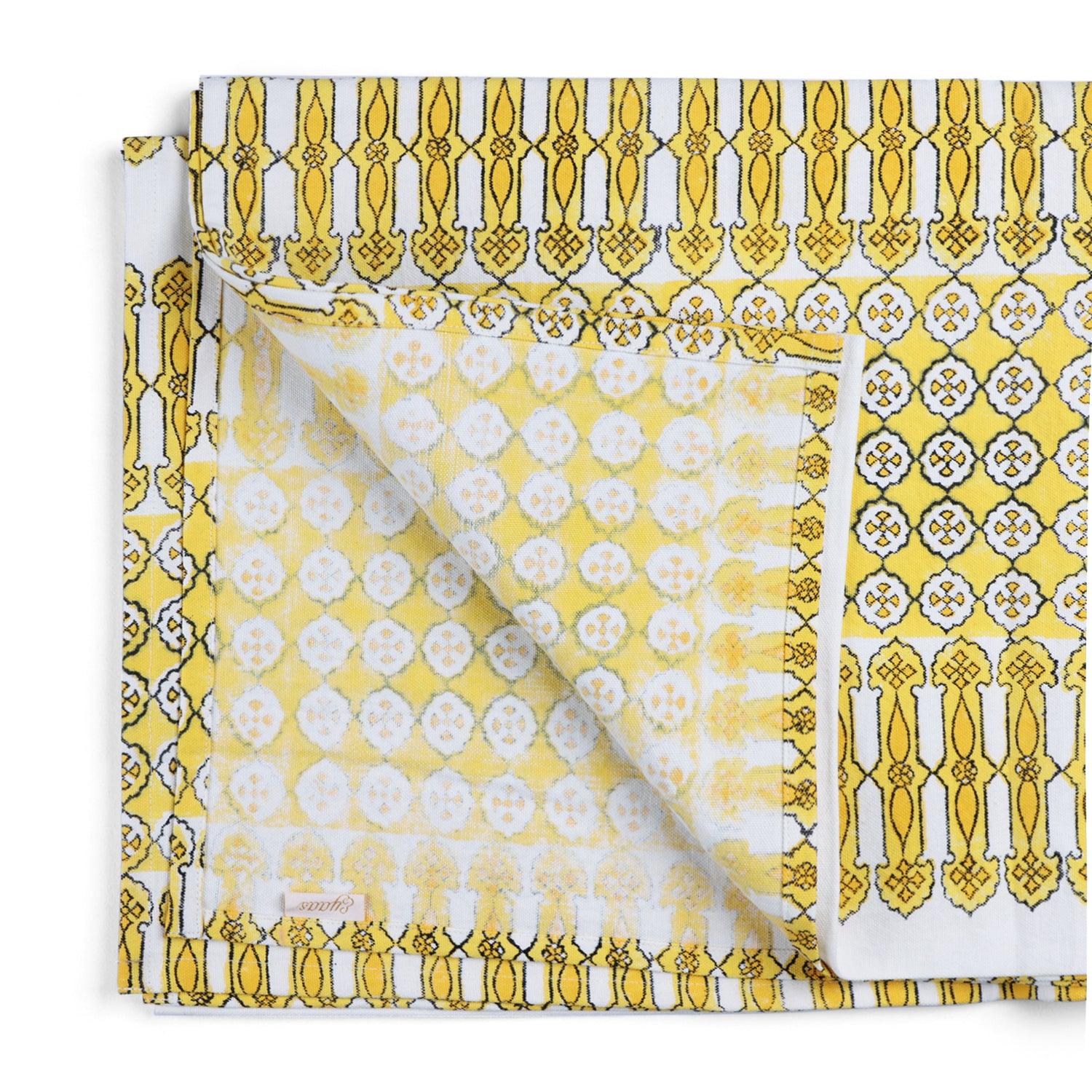 Yellow Block-Printed Cotton Dining Table Cloth