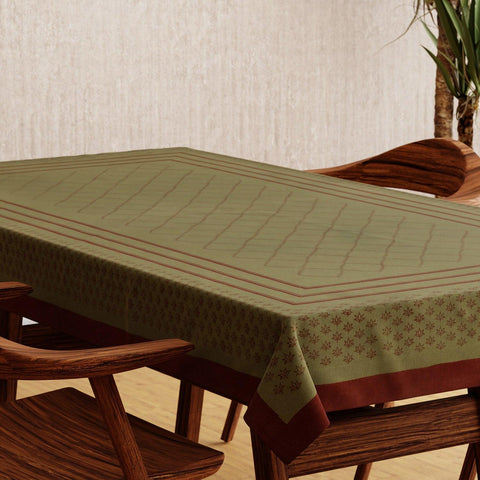 Block-Printed Table Cloth Cover Olive Green & Maroon - Eyaas