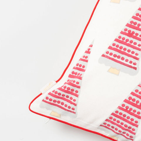 Red Christmas Tree Block Printed Cushion Cover 16x16 - Eyaas