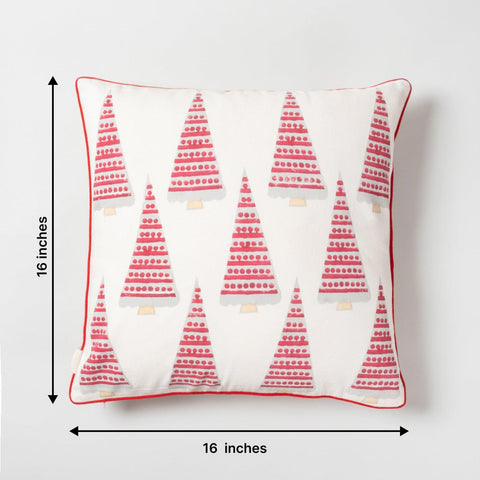 Red Christmas Tree Block Printed Cushion Cover 16x16 - Eyaas