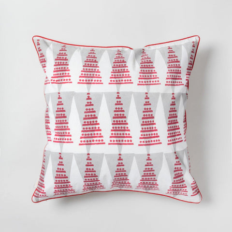 Red & Grey Christmas Tree Block Printed Cushion Cover 18x18 - Eyaas
