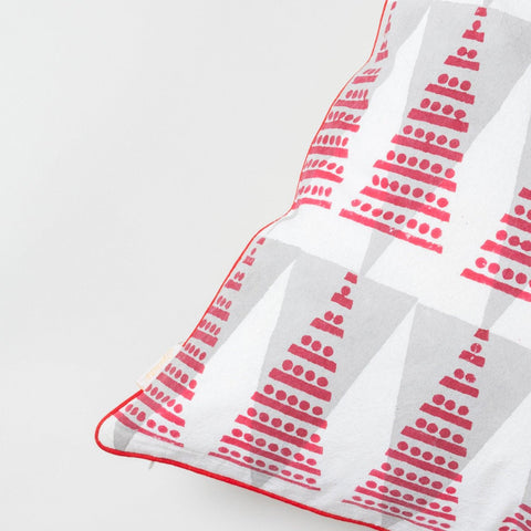 Red & Grey Christmas Tree Block Printed Cushion Cover 18x18 - Eyaas