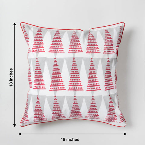 Red & Grey Christmas Tree Block Printed Cushion Cover 18x18 - Eyaas