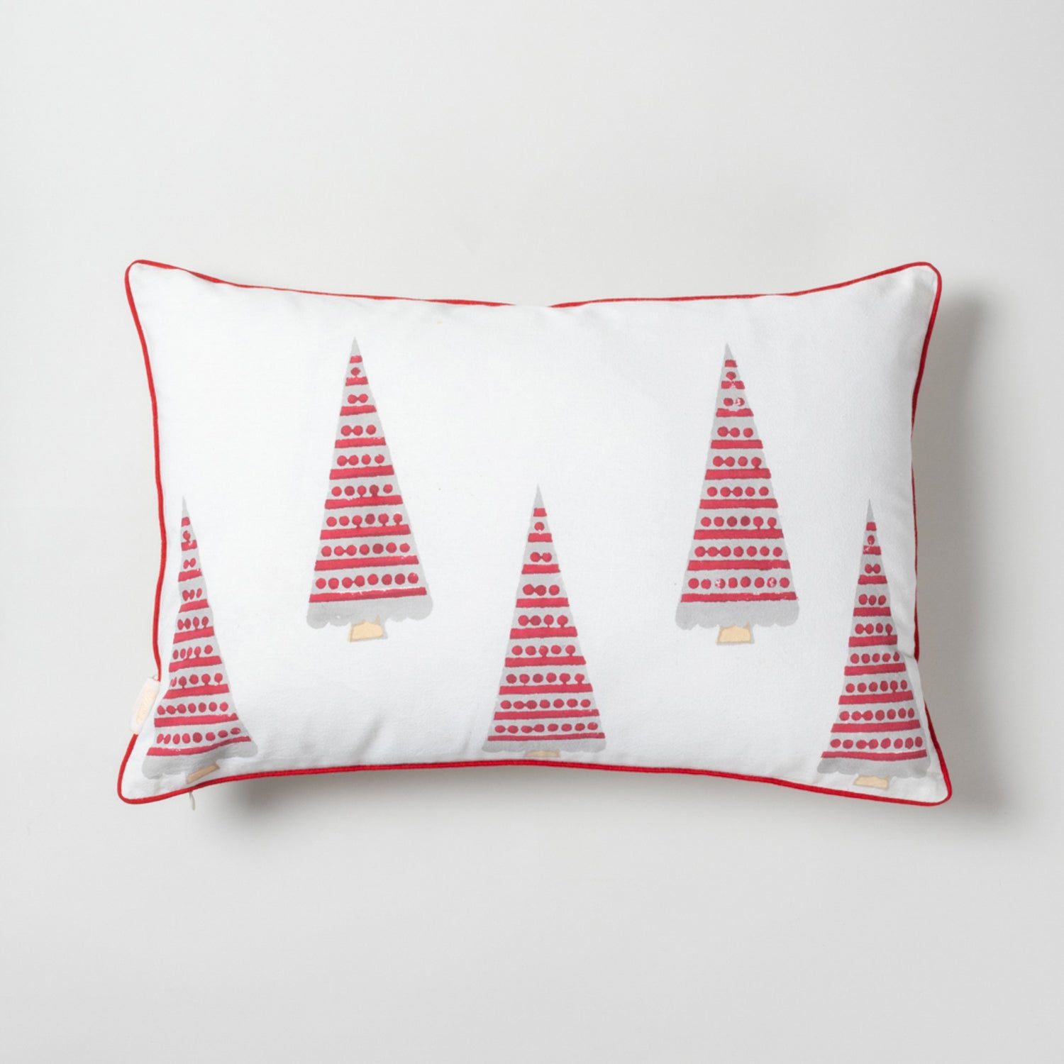 Red Christmas Tree Block Printed Cotton Cushion Cover 12x18