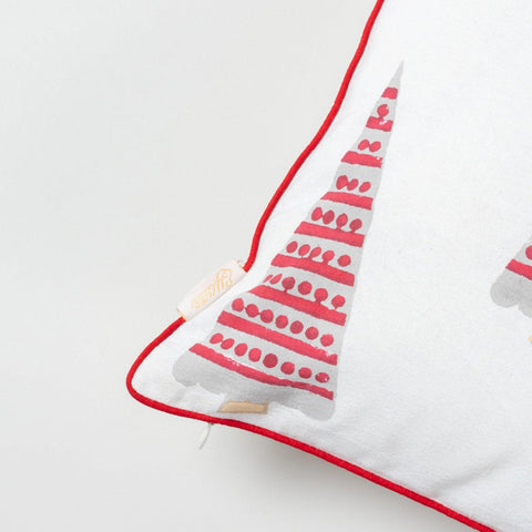 Red Christmas Tree Block Printed Cushion Cover 12x18 - Eyaas