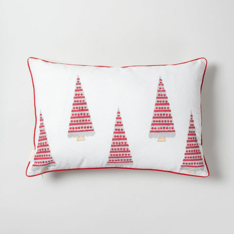 Red Christmas Tree Block Printed Cushion Cover 12x18 - Eyaas