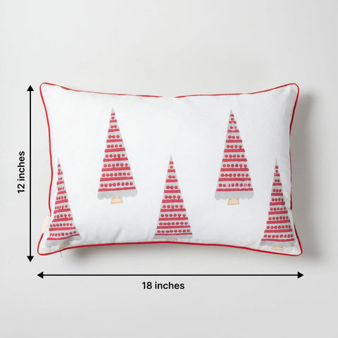 Red Christmas Tree Block Printed Cushion Cover 12x18 - Eyaas