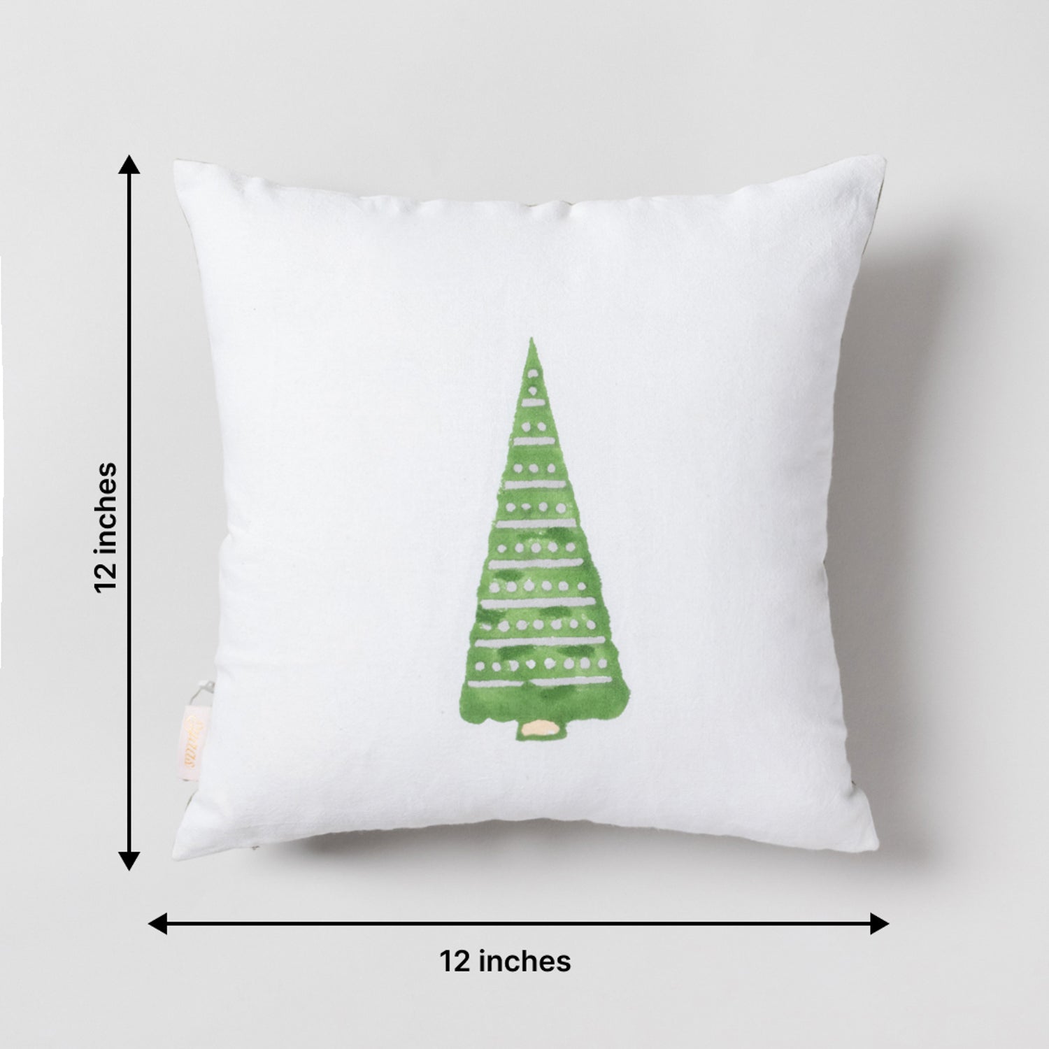 Green Christmas Tree Block Printed Cotton Cushion Cover 12x12