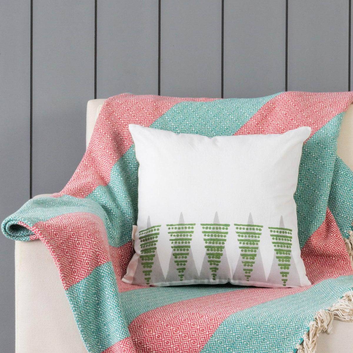 Green & Grey Christmas Tree Block Print Cushion 16x16 - Eyaas