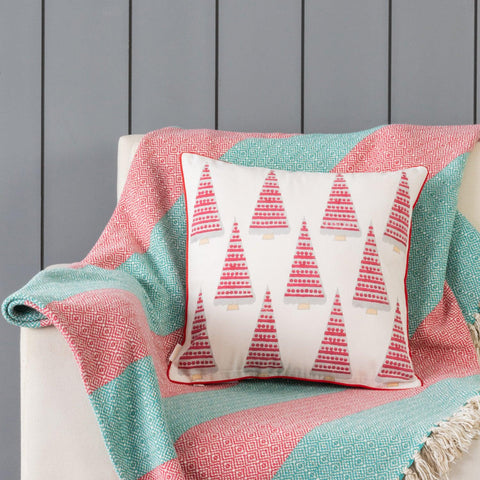 Red Christmas Tree Block Printed Cushion Cover 16x16 - Eyaas