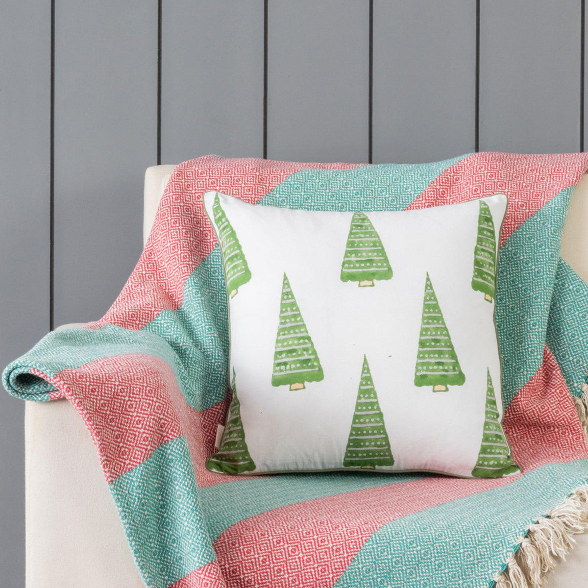 Christmas Tree Block Printed Cushion Cover, 16x16, Green - Eyaas