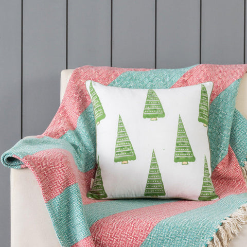 Christmas Tree Block Printed Cushion Cover, 16x16, Green - Eyaas