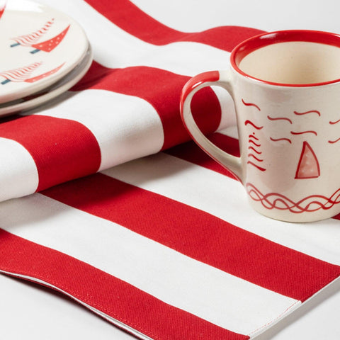Red and White Striped Cotton Patchwork Table Runner - Eyaas