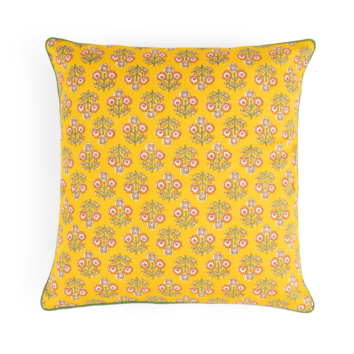 Yellow Block Printed Cotton Cushion Cover Set of 2
