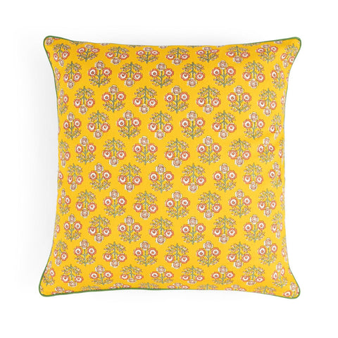 Yellow Block Printed Cushion Cover Set of 2, 16x16 - Eyaas