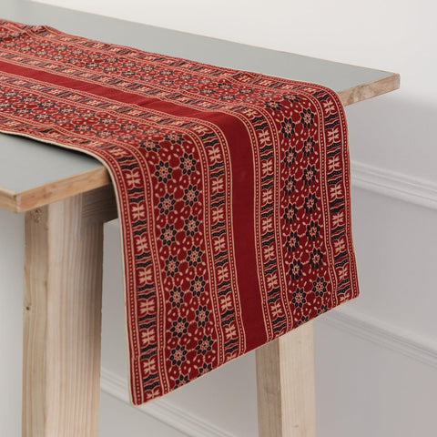 Bagru Hand Block Printed Cotton Table Runner, Red - Eyaas