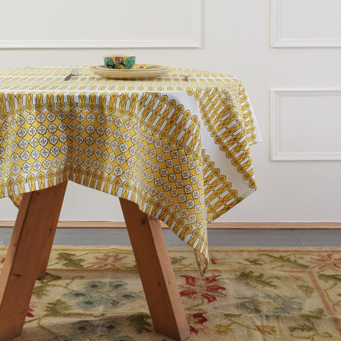 Block-Printed Cotton Dining Table Cloth, 60 x90, Yellow - Eyaas